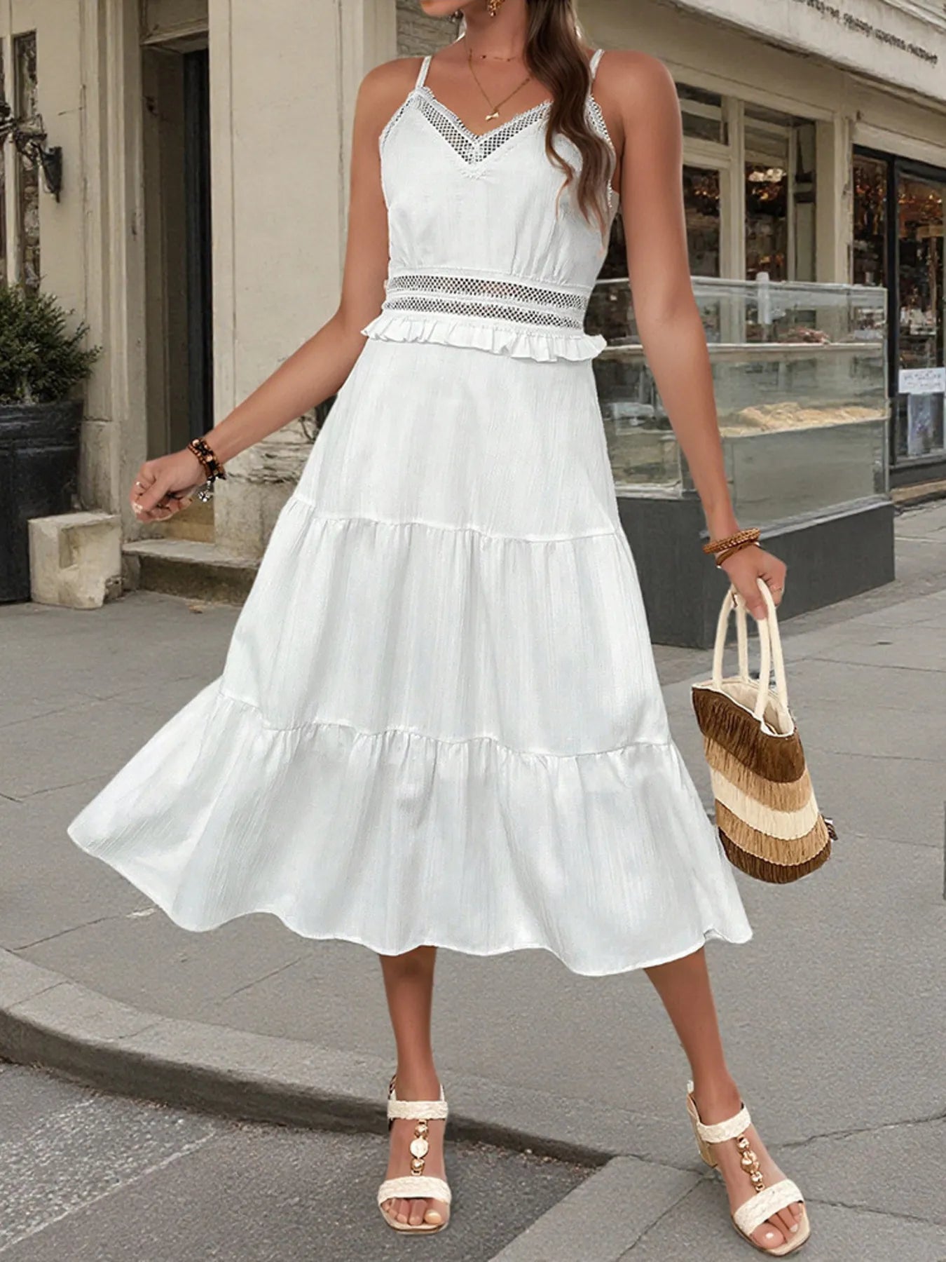 Tiered Midi Dress with Lace Trim Details