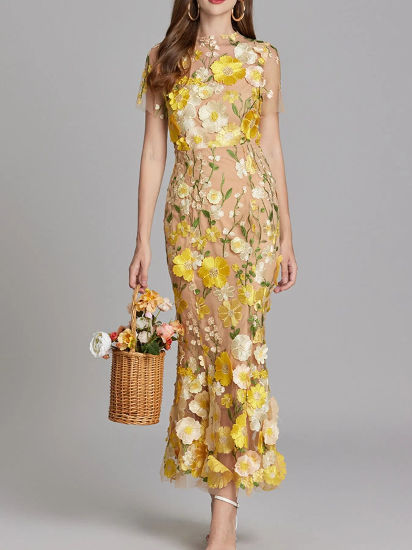 Floral Embroidered Mesh Overlay Maxi Dress