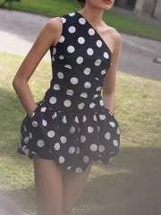 One-Shoulder Polka Dot Mini Dress