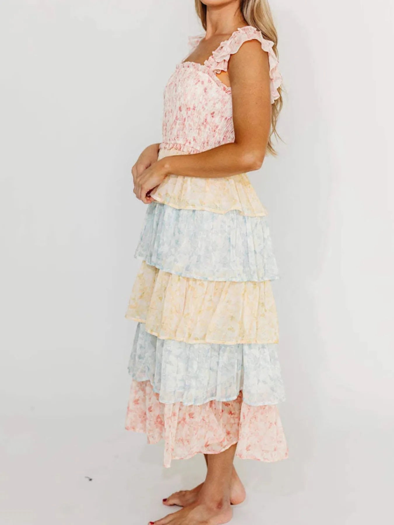 Smocked Ruffle Layered Floral Midi Dress