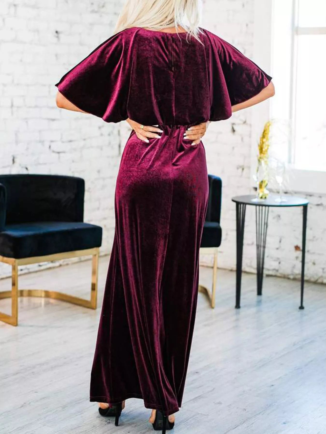 Slit Round Neck Flutter Sleeve Velvet Maxi Dress