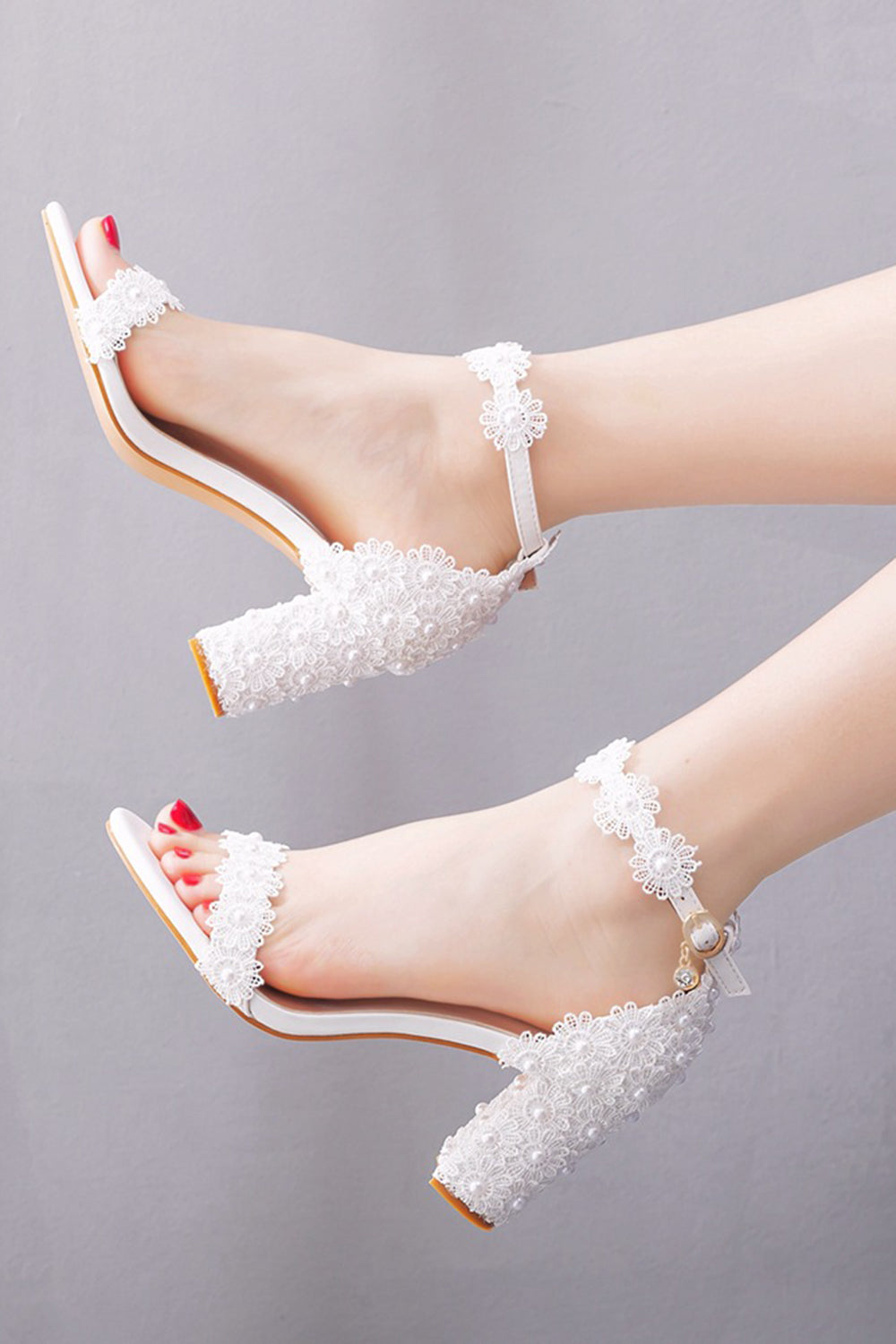 Leather Block Heel Imitation Pearl Lace Wedding Shoes