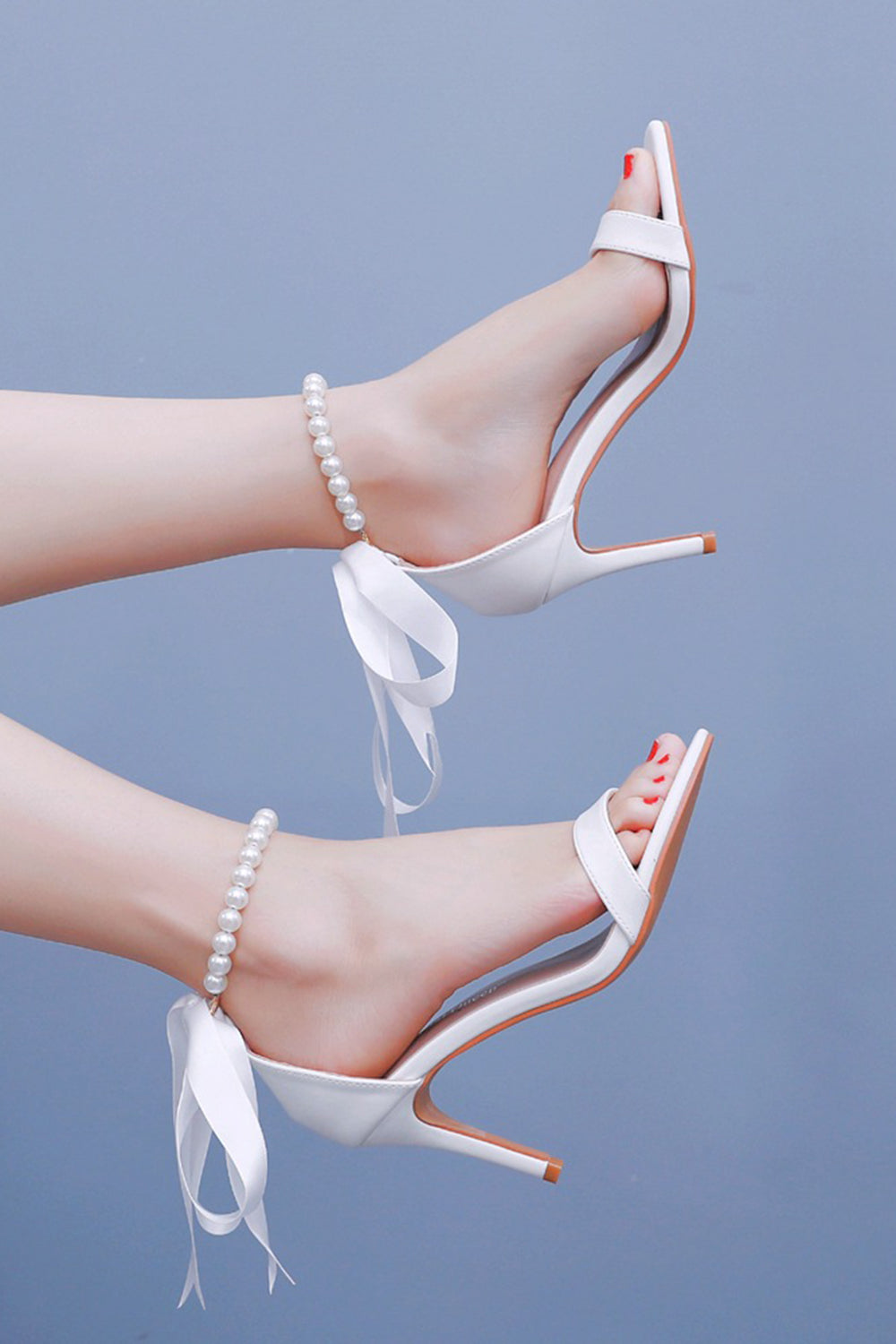 White Satin Pearl Open Toe Ankle Strap High Heels Wedding Shoes
