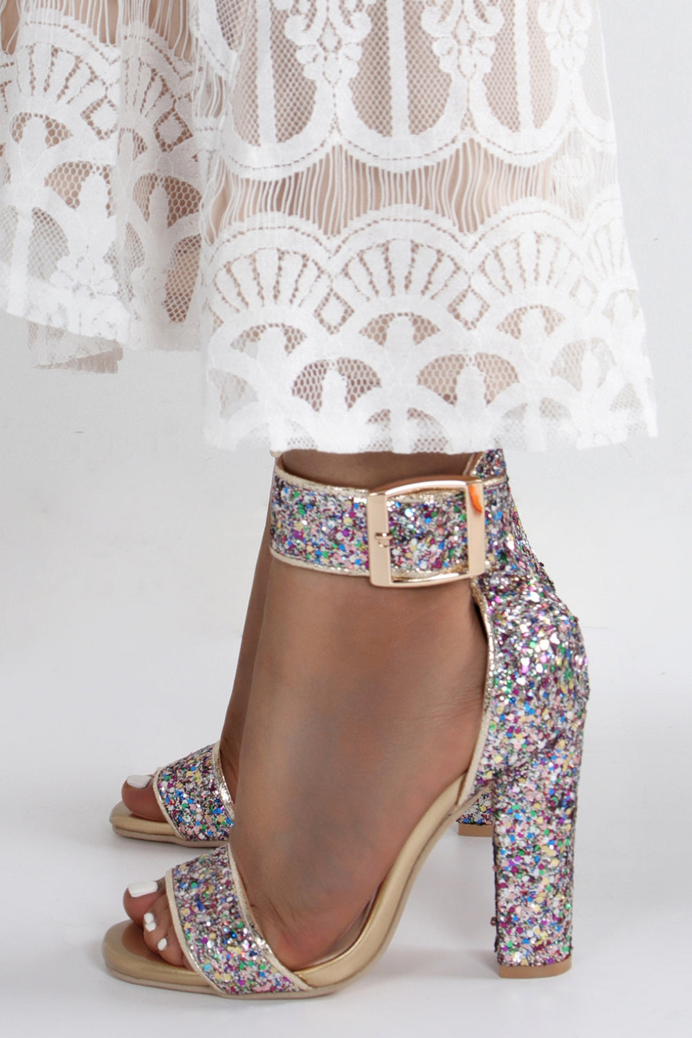 Golden Concise Shiny Sequins Sandals High Heel Peep Toe Party Shoes