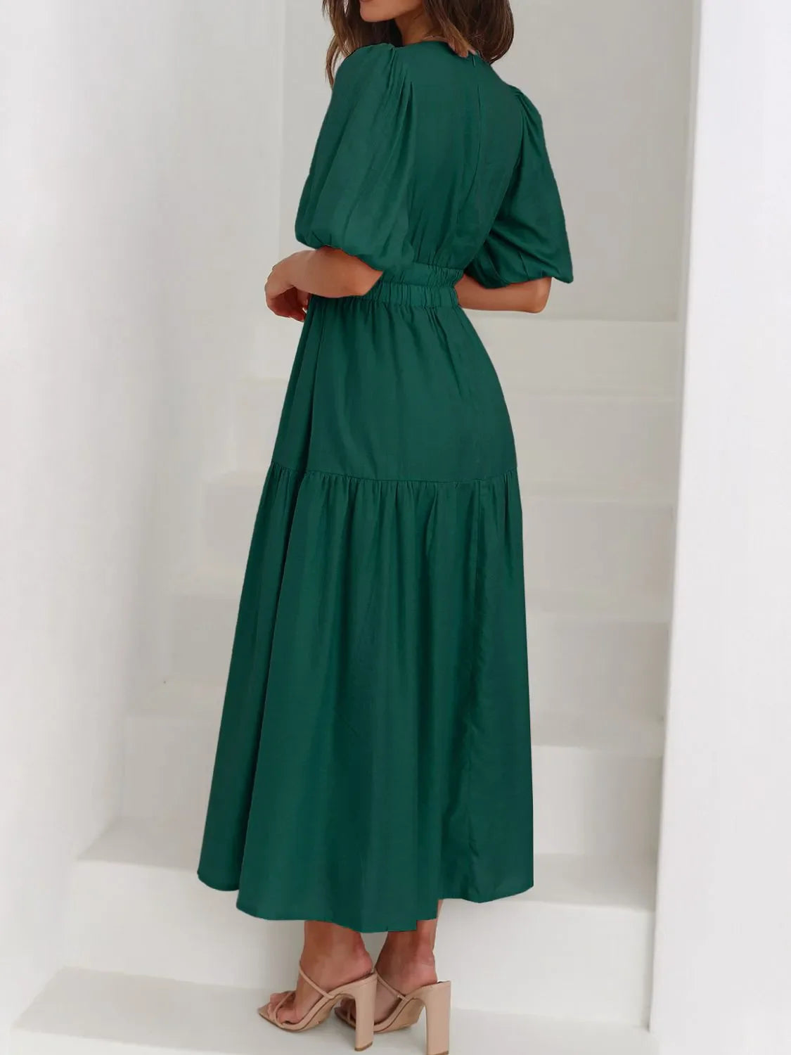 V-Neck Puff Sleeve Midi Dress