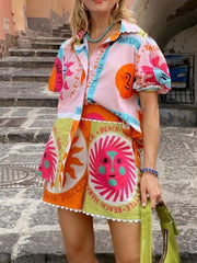 Printed Button Up Shirt and Shorts Set