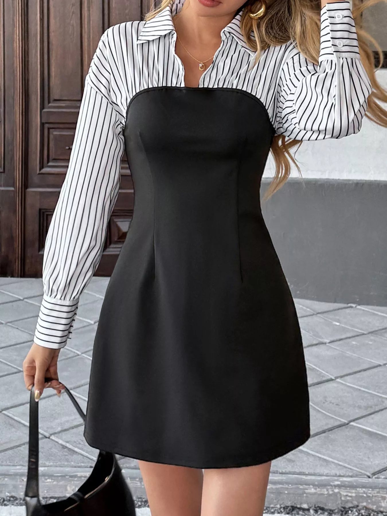Striped Shirt Panel Bodycon Mini Dress
