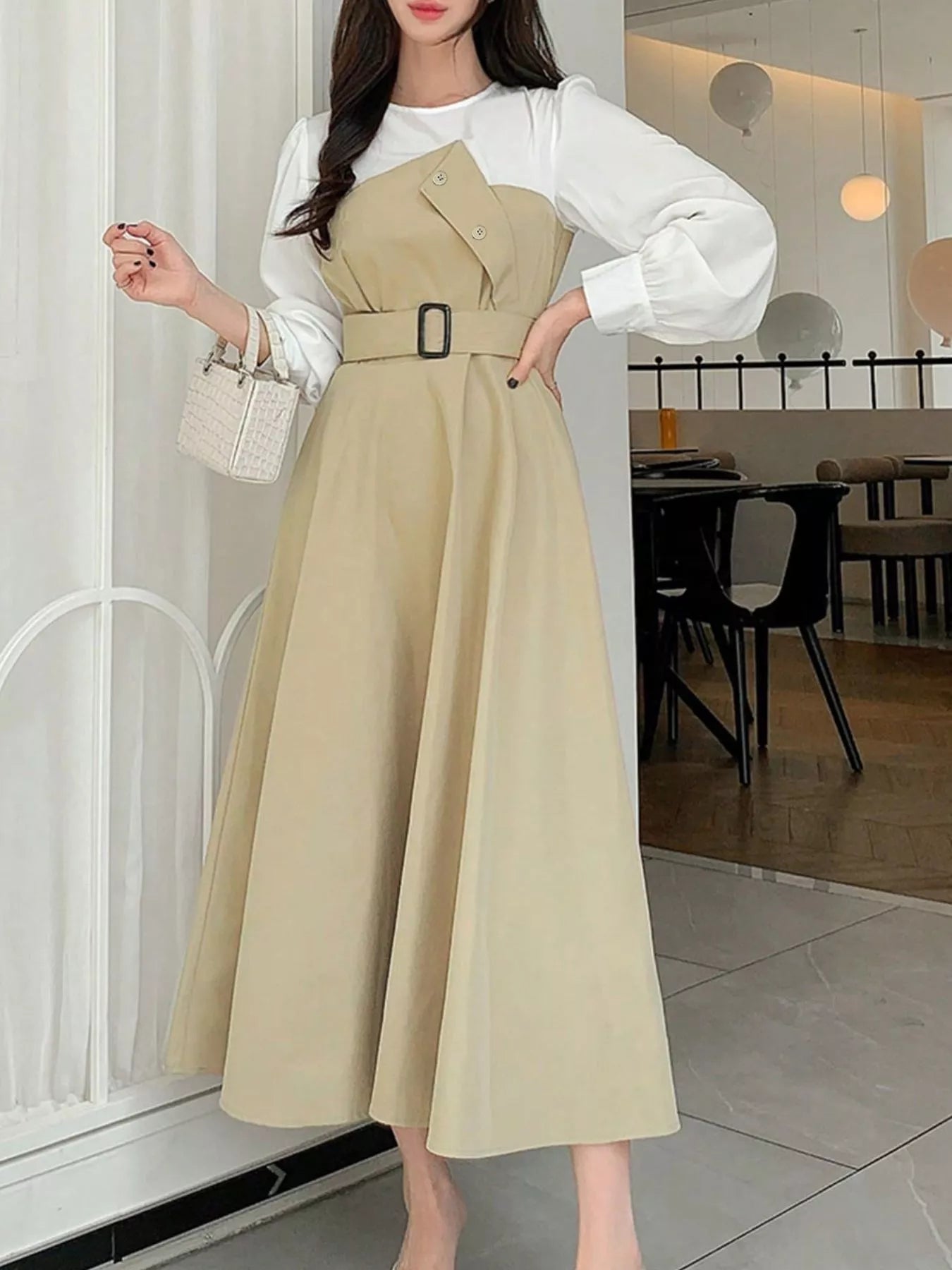 Contrast Long Sleeve Midi Dress with Belted