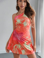 Cutout Drawstring Pleated Tie-Dye Sleeveless Mini Dress