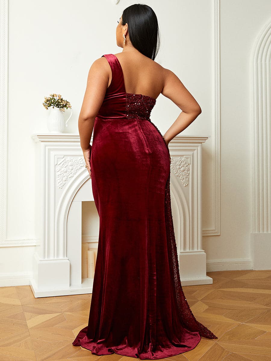 Formal One Shoulder Sequin Wine Dress