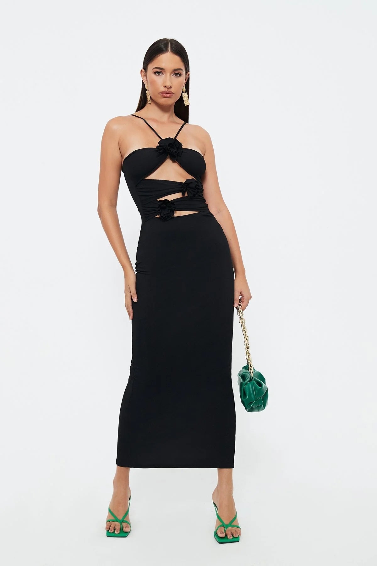 Hollow Slim -fitting Neck Mid -length Suspender Dress