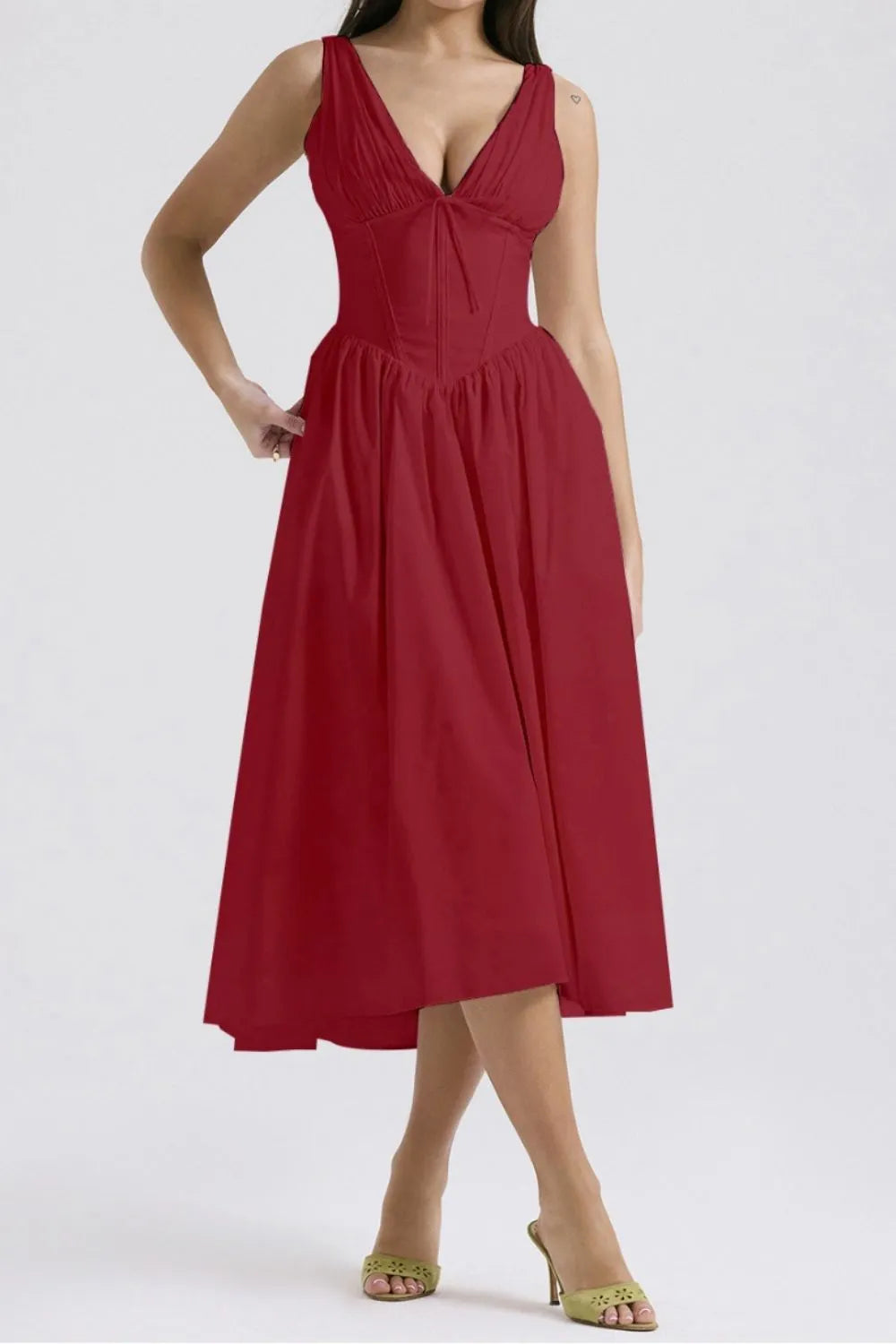 Ruched V-Neck Sleeveless Dress with Pockets