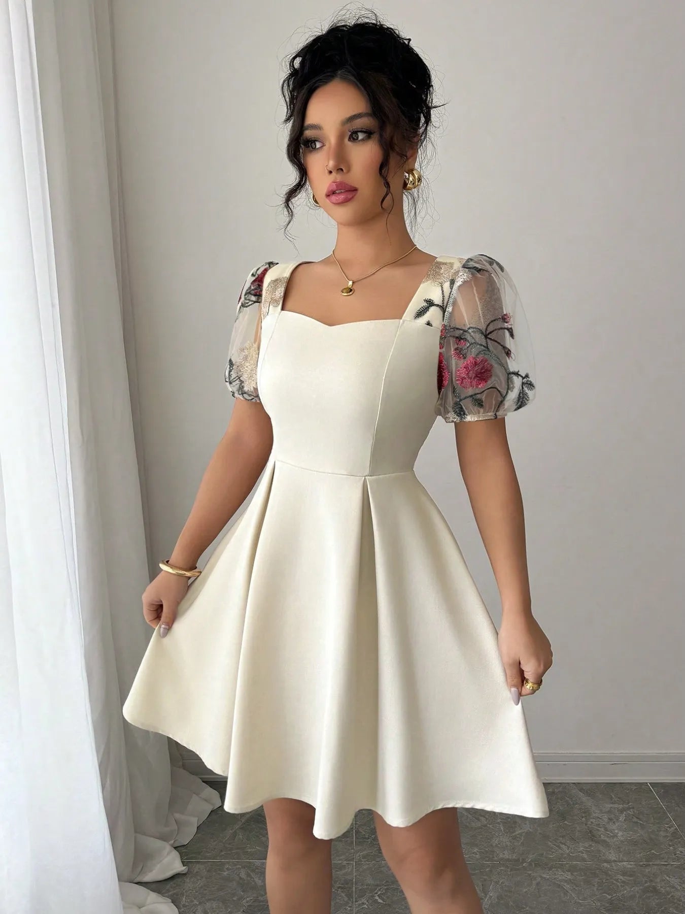 Square Neck Floral Sheer Sleeve Dress