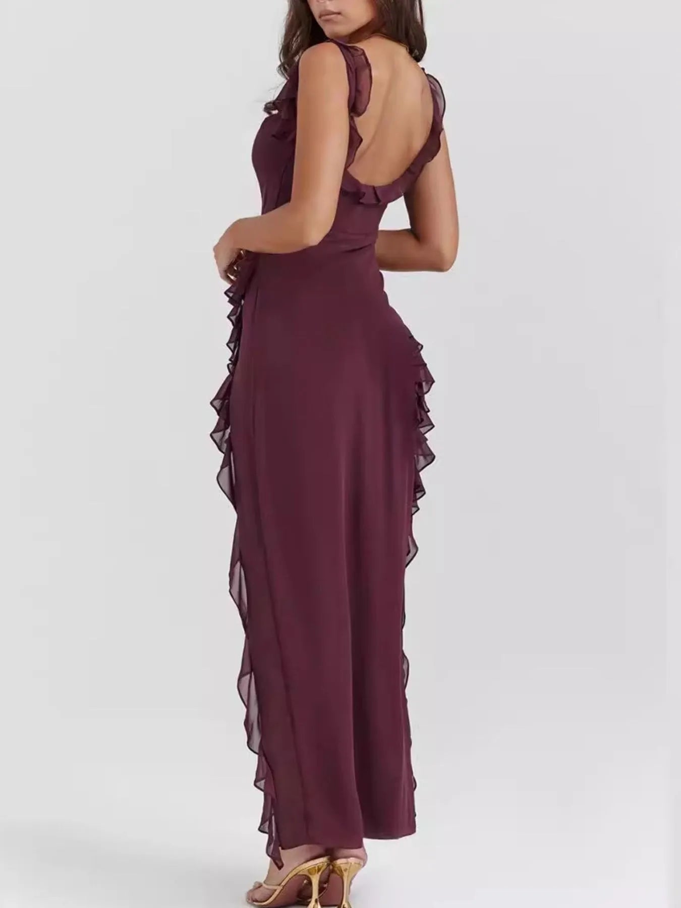 Split Ruffled Square Neck Maxi Dress