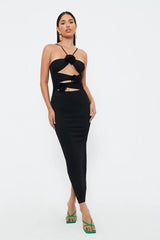 Hollow Slim -fitting Neck Mid -length Suspender Dress