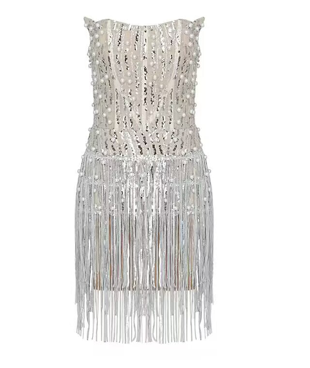 Beaded Silver Paillette Tassel Tube Top Dress