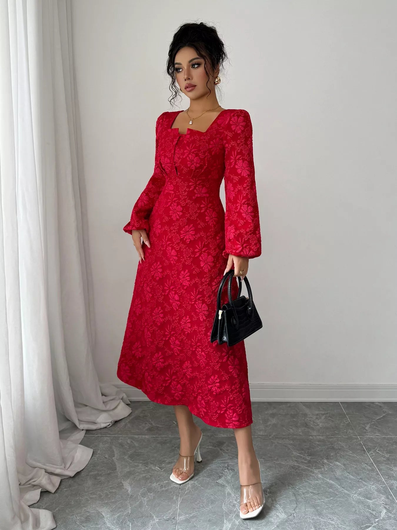 Floral Balloon Sleeve Midi Dress