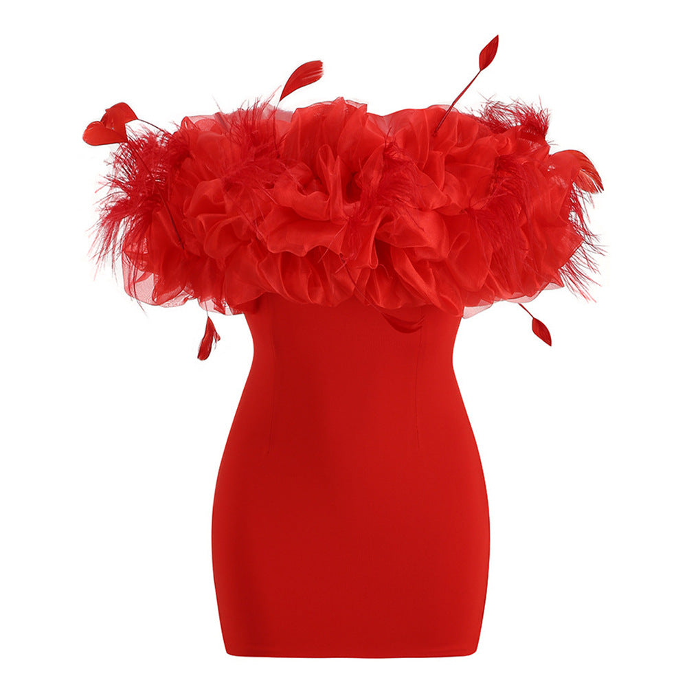 Chic Strapless Feather Red Dress