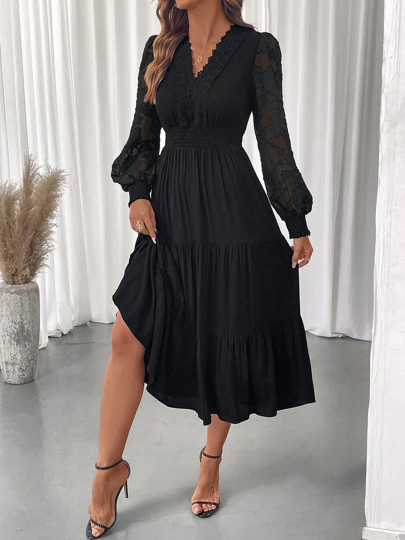Lace Detail Lantern Sleeve Tiered Dress