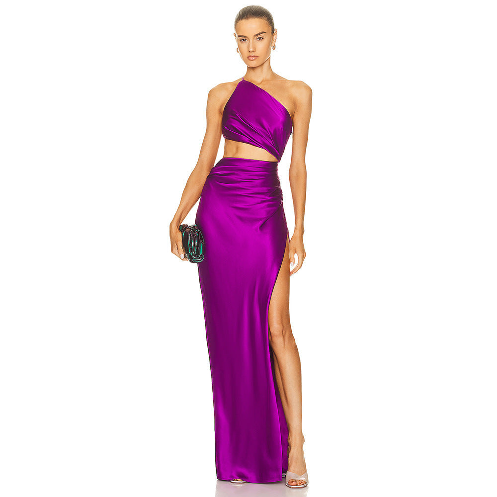 Tara Slant Shoulder High Slit Satin Celeb Dress