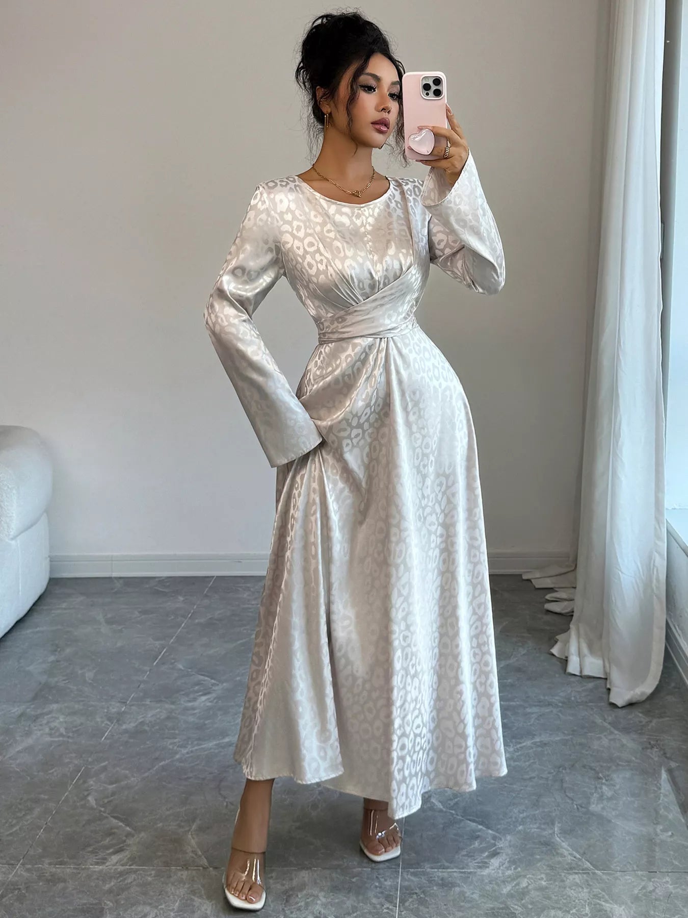 Leopard Long Sleeve Tie Back Maxi Dress