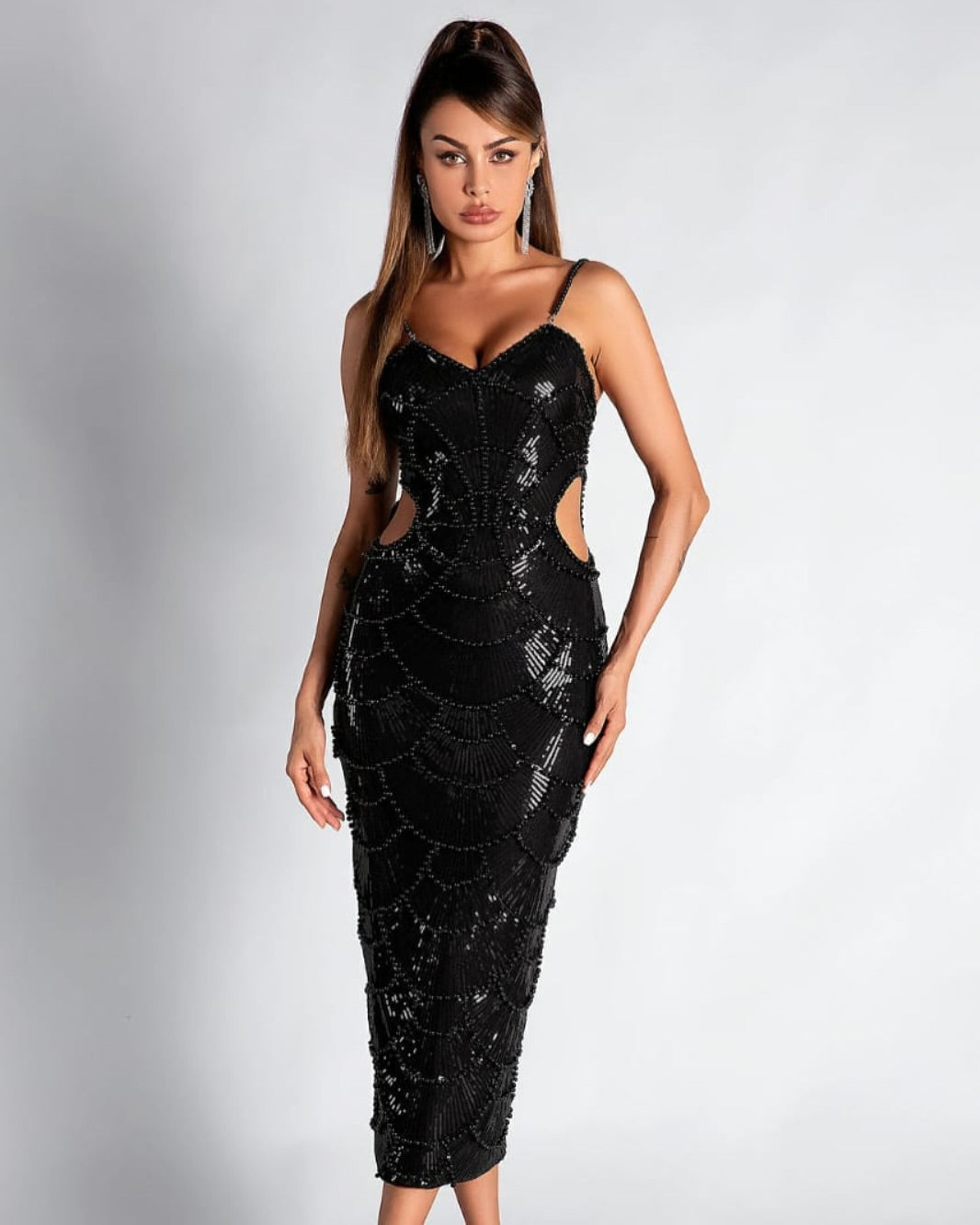 Hollow-out Camisole Beads Banquet Evening Dress-Black