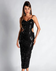 Hollow-out Camisole Beads Banquet Evening Dress-Black