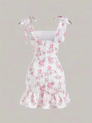 Ruffled Hem Floral Tie-Strap Mini Dress