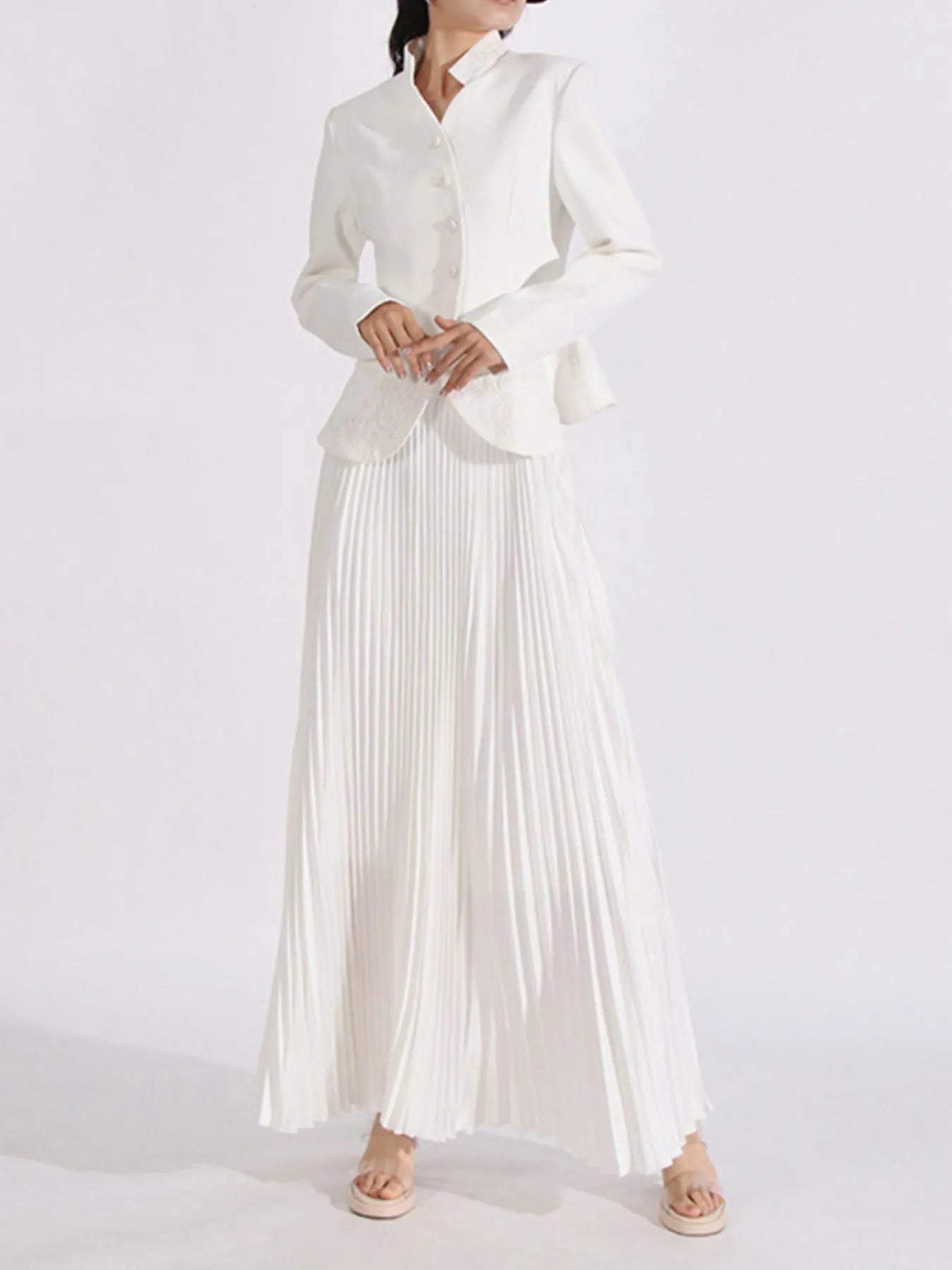 Button Up Long Sleeve Top and Pleated Skirt Set
