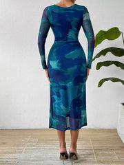 Watercolor Print Mesh Bodycon Midi Dress