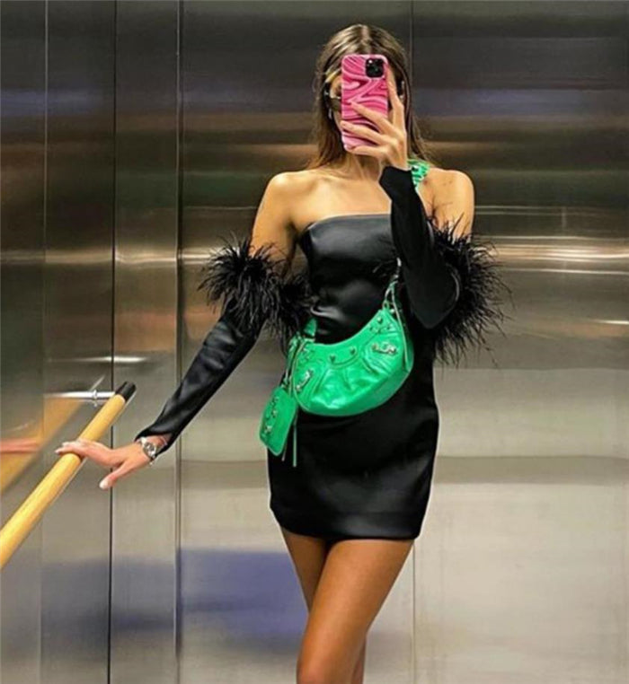 Off shoulder feather Black Dress