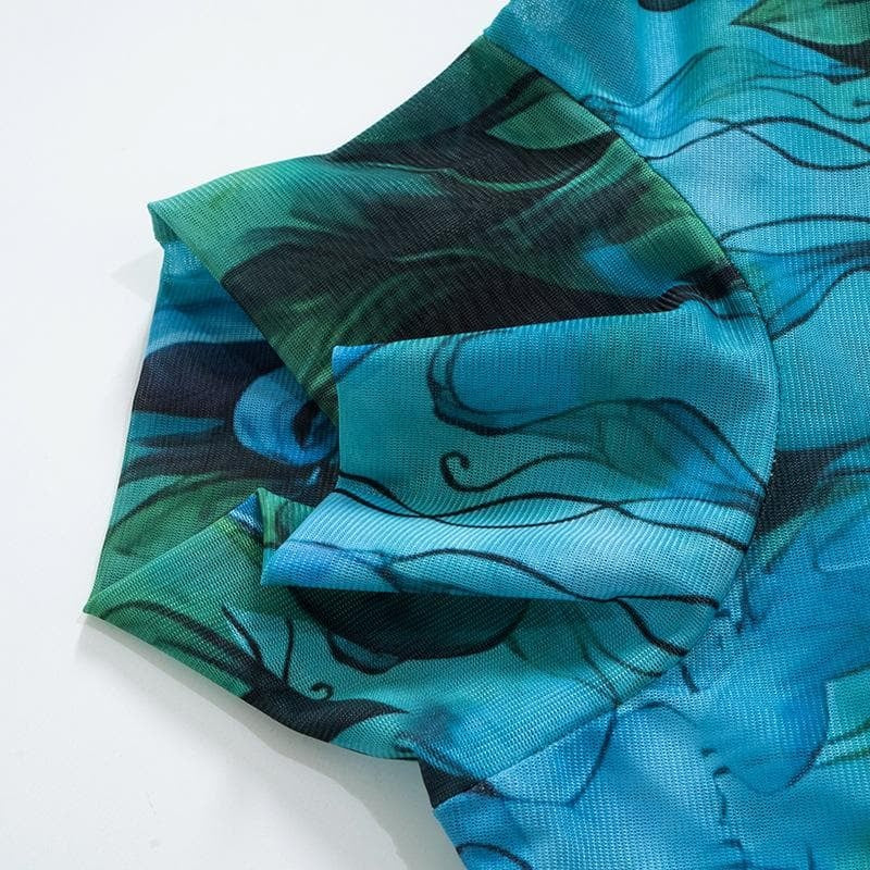 Mesh Round Neck Bell Sleeve Mini Dress