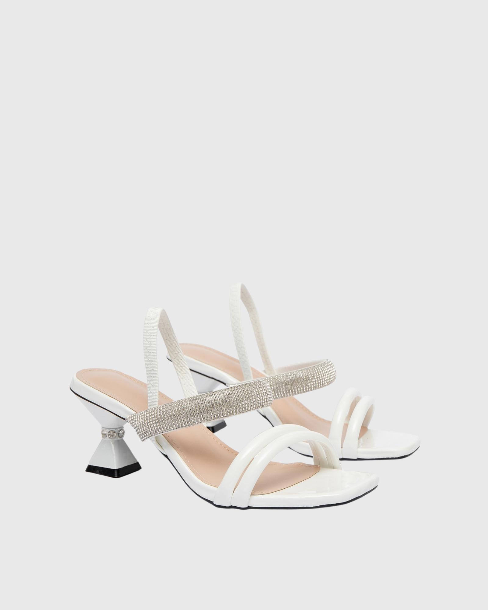 Cahya Rhinestone Strap Flared Heels In White