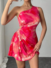 Cutout Drawstring Pleated Tie-Dye Sleeveless Mini Dress