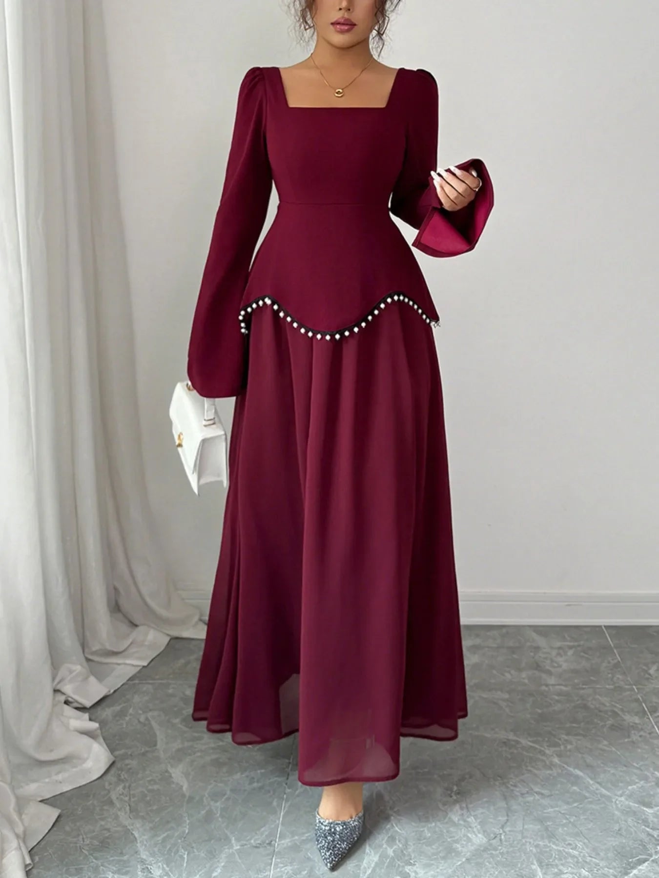 Square Neck Long Sleeve Maxi Dress