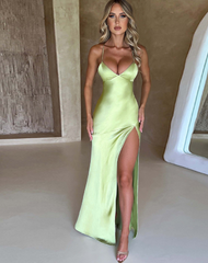 V-neck Satin Slit Backless Long Dress