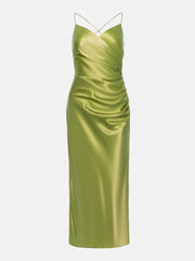 Satin V-neck Side Gathered Dress-Green