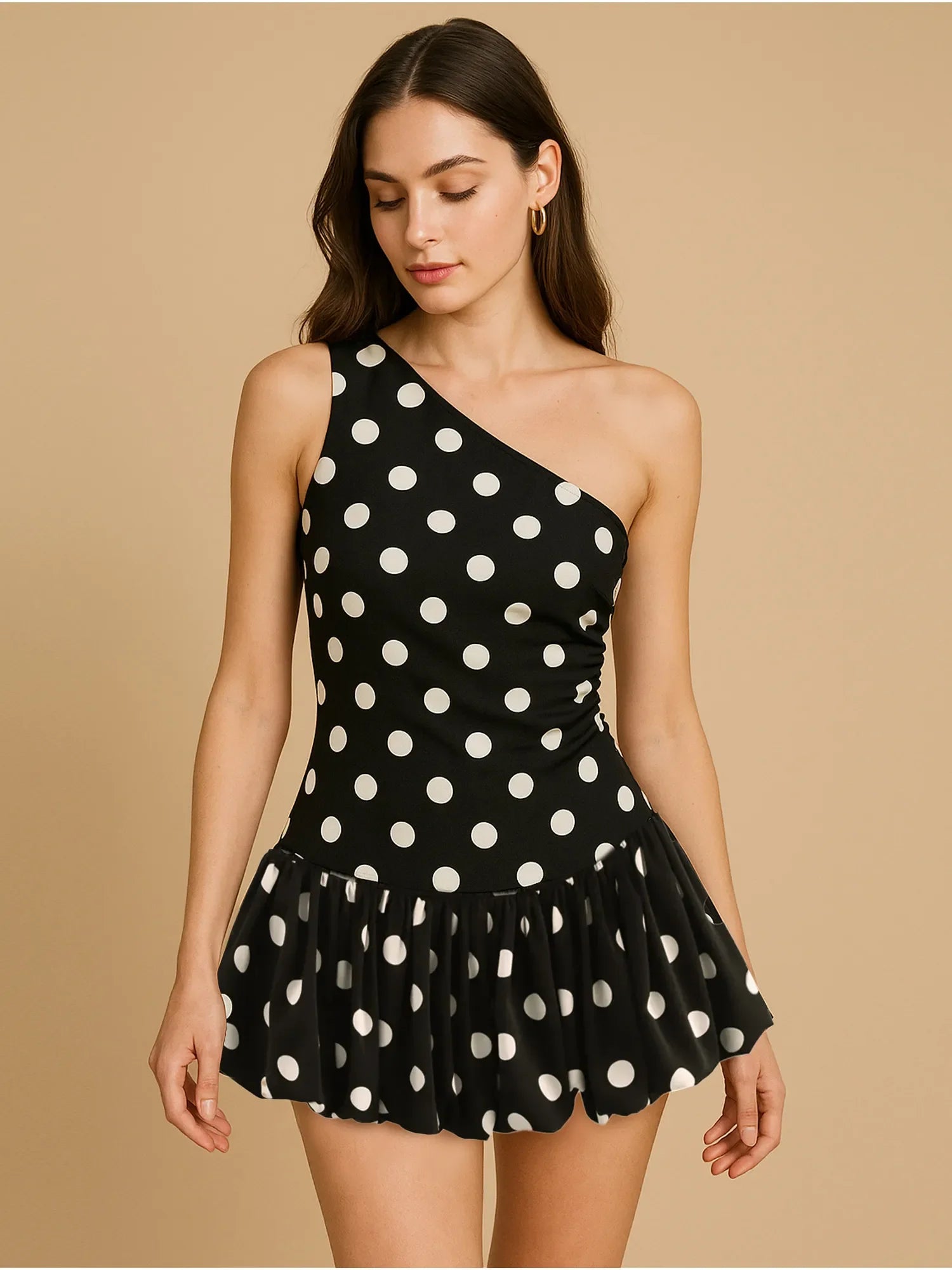 One-Shoulder Polka Dot Mini Dress