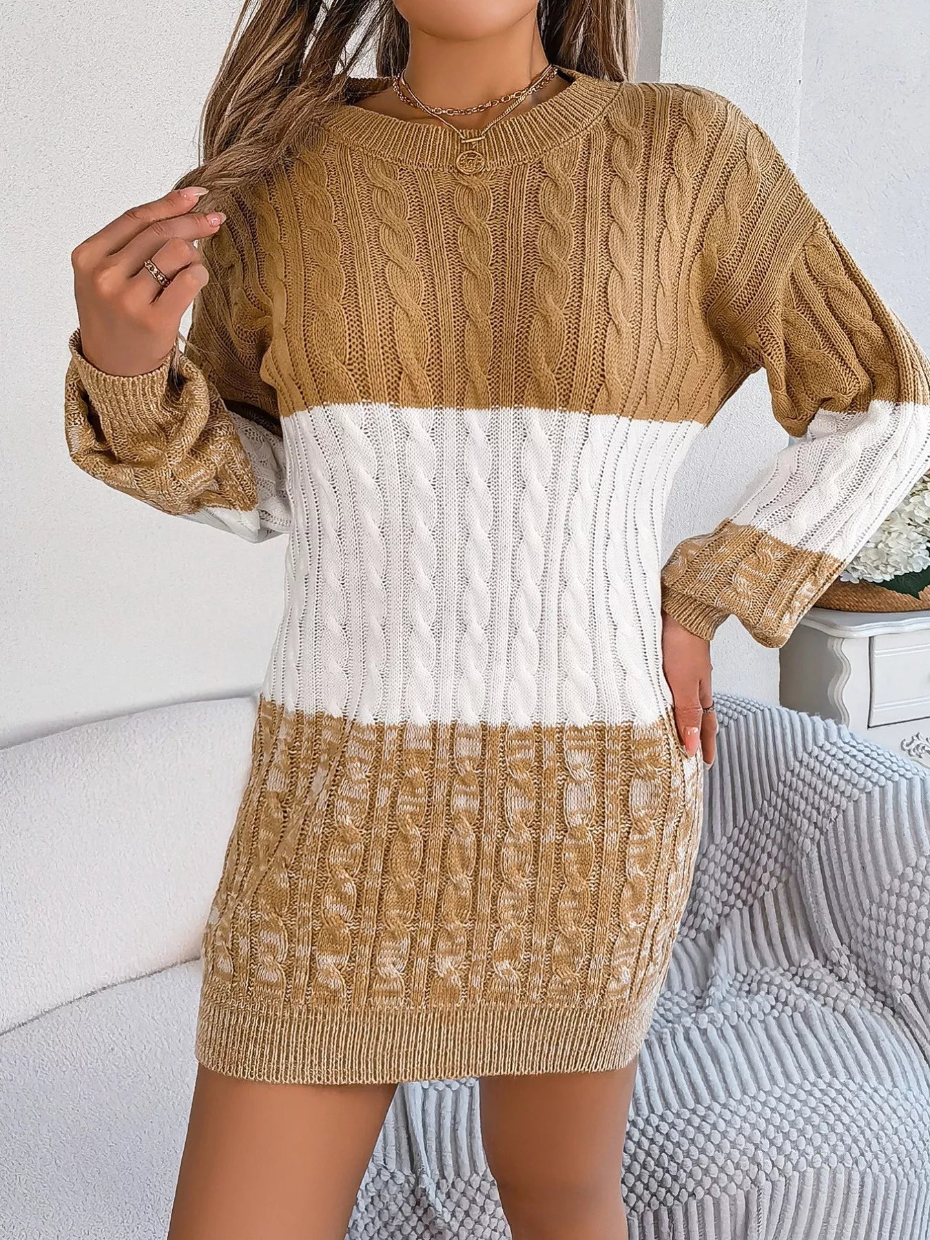 Color Block Cable Knit Sweater Dress with Textured Pattern