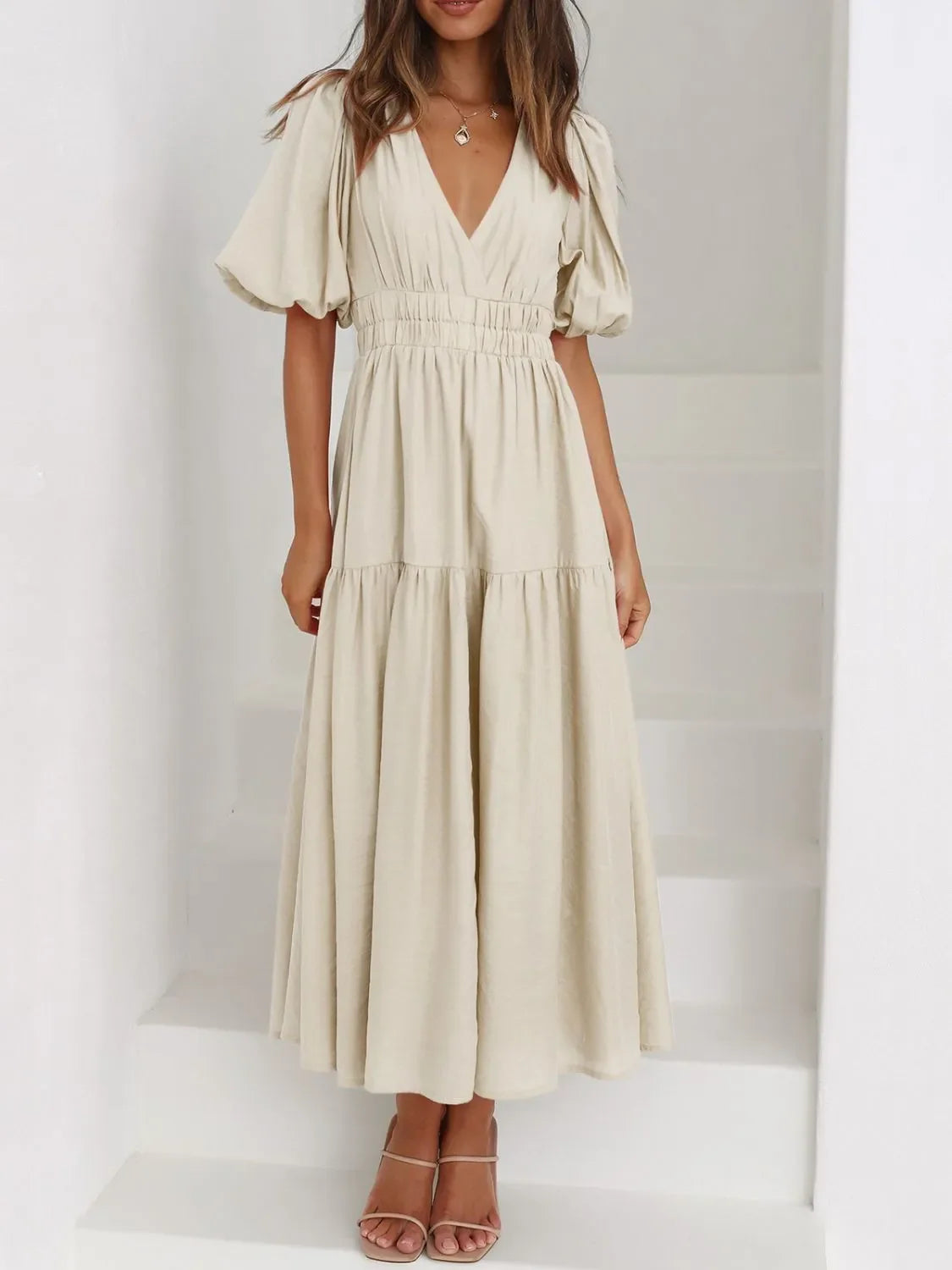 V-Neck Puff Sleeve Midi Dress