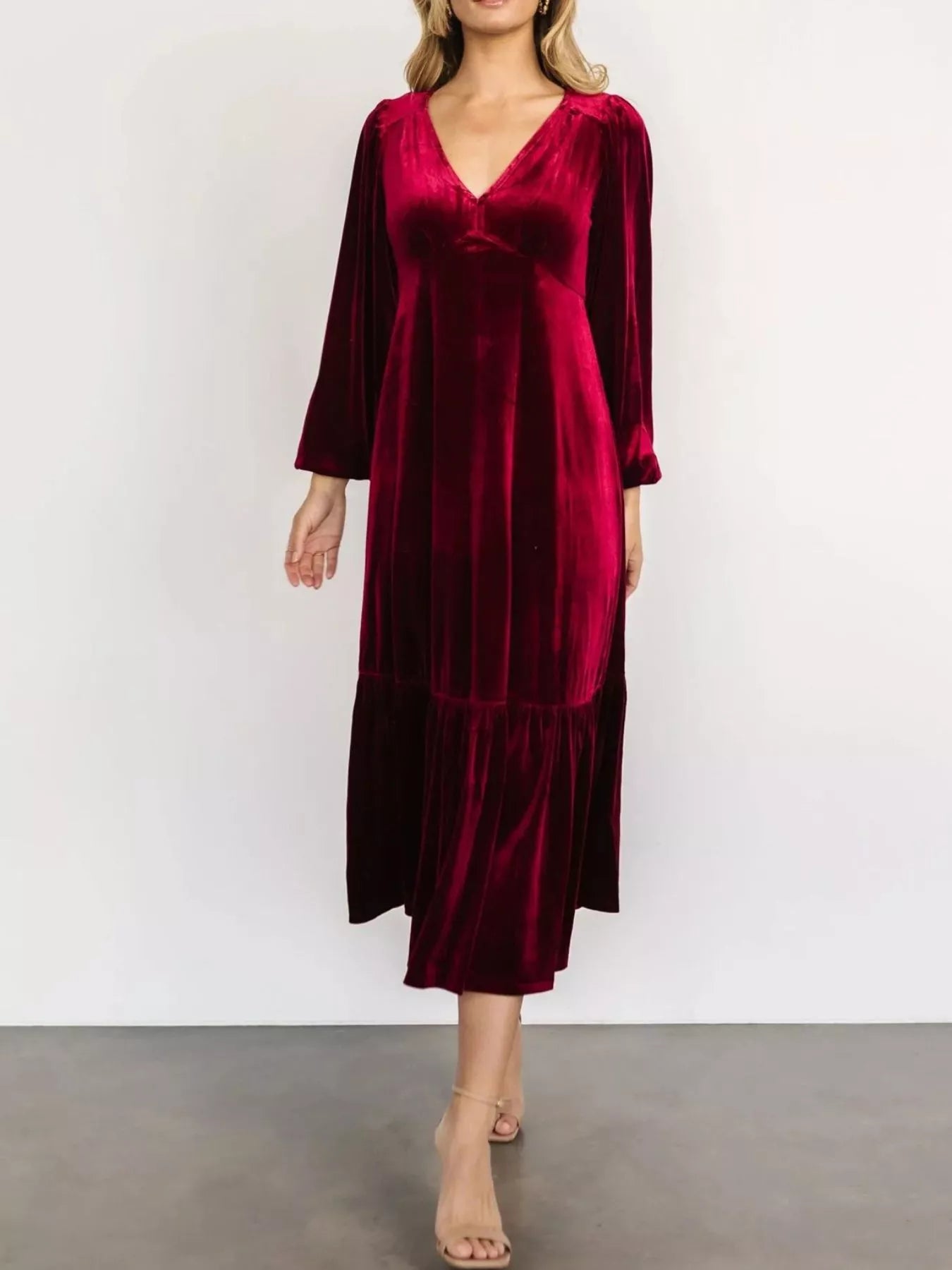 Velvet Tiered Long Sleeve Midi Dress