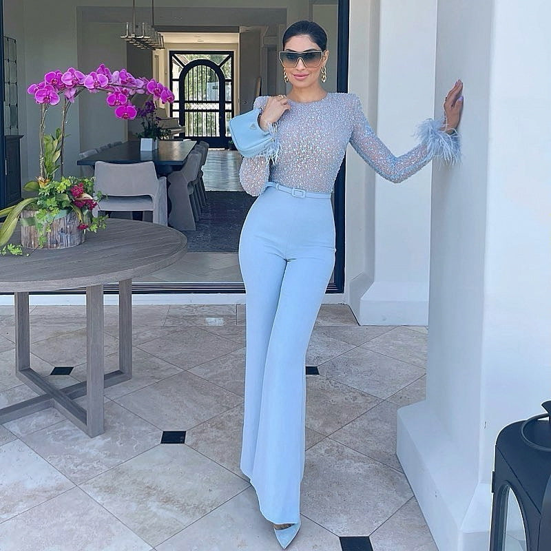 Feather Sequin Patchwork Jumpsuit