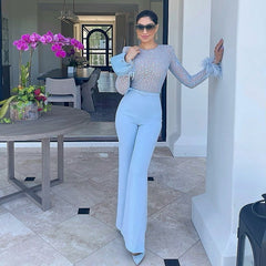 Feather Sequin Patchwork Jumpsuit-Sky