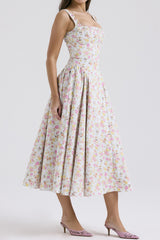 Floral Square Neck Wide Strap Midi Dress