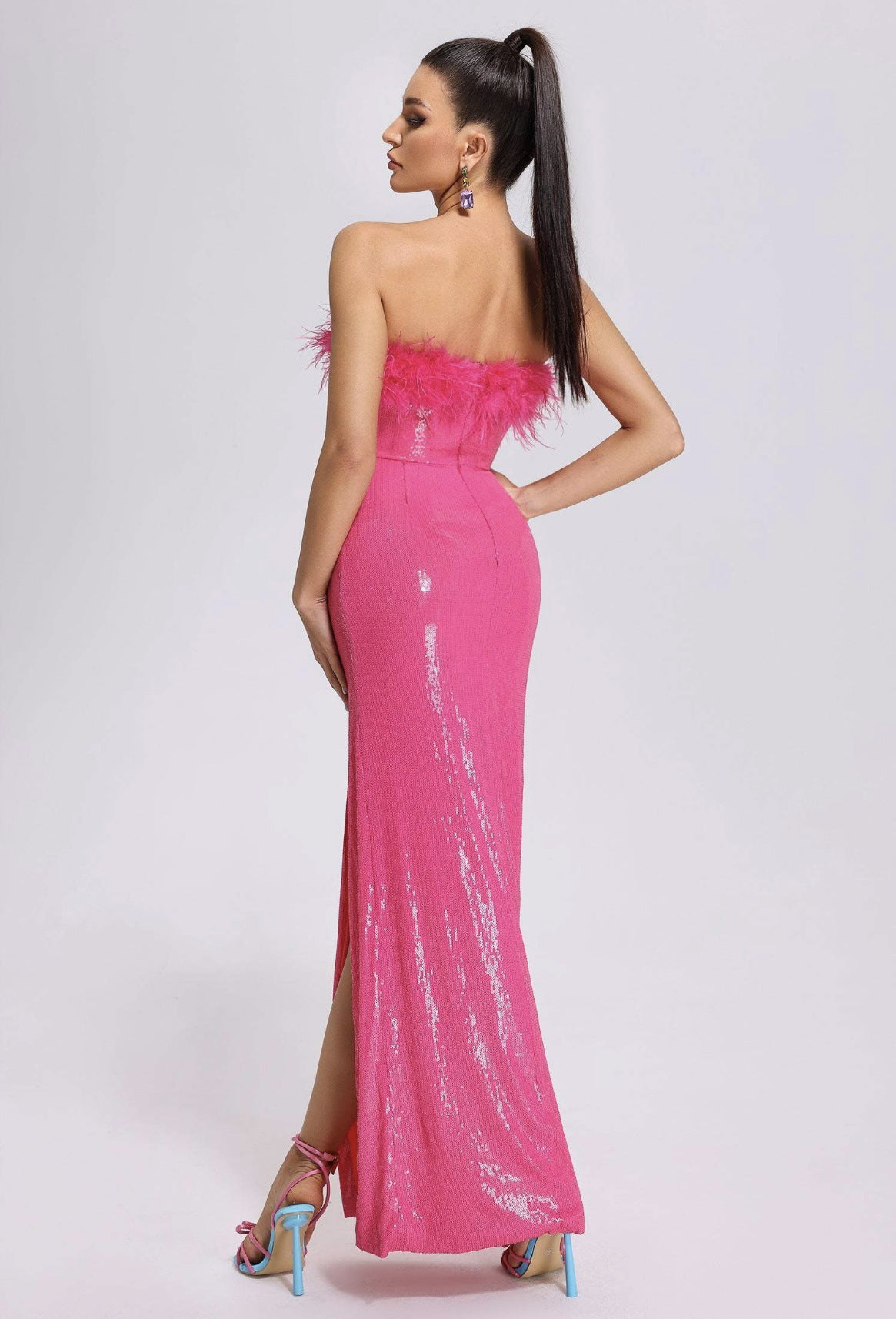 Chic High Slit Glossy Cinched Bodycon Dress