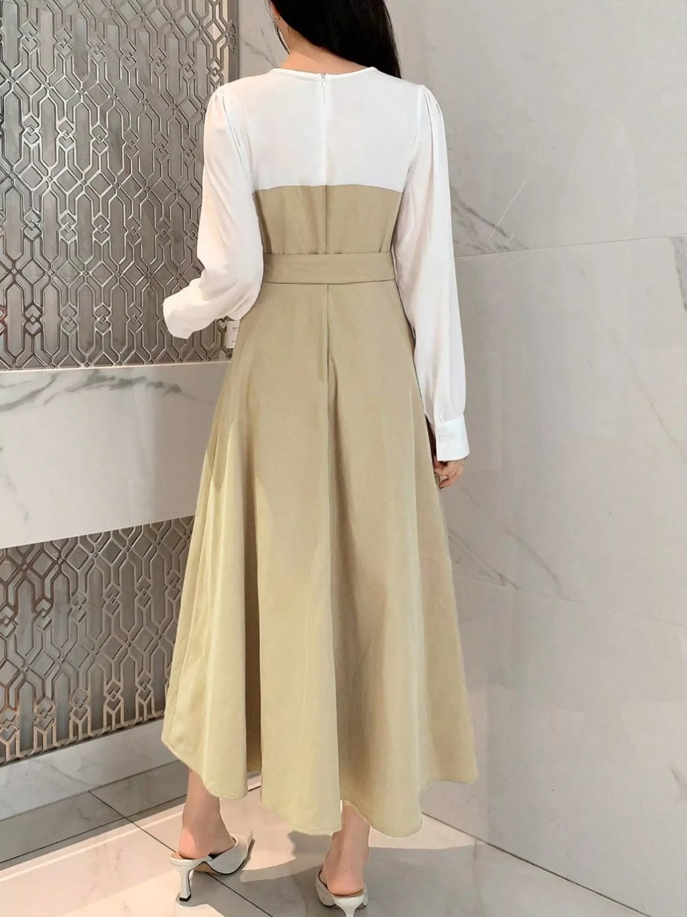 Contrast Long Sleeve Midi Dress with Belted
