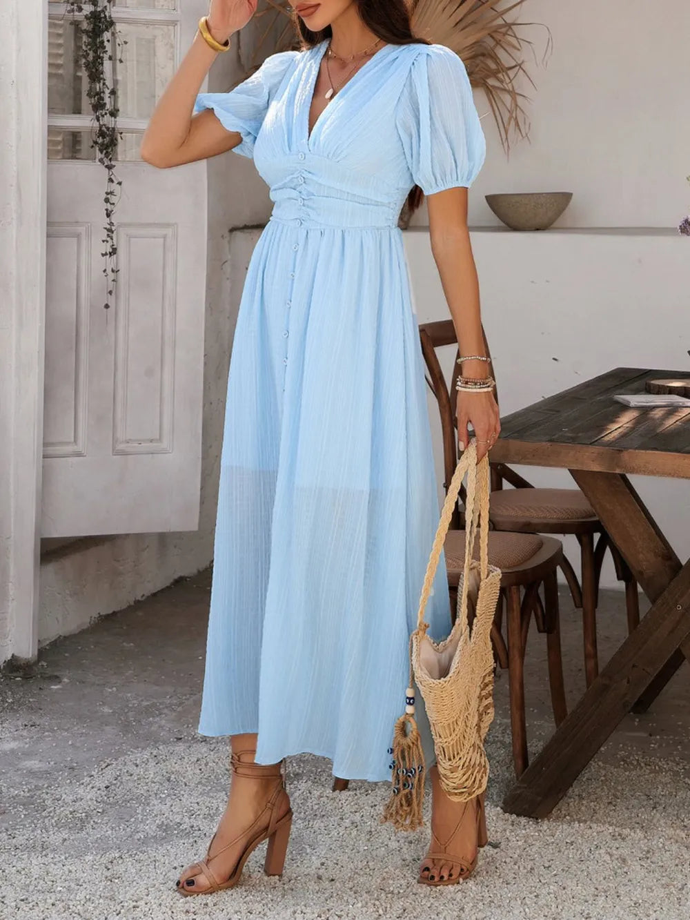 Devine V-Neck Puff Short Sleeve Midi Dress