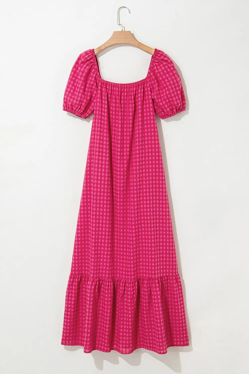 SYNZ Gingham Check Bubble Sleeve Ruffled Maxi Dress