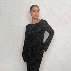 Deisy Slim Flocking Backless Black Maxi Dress
