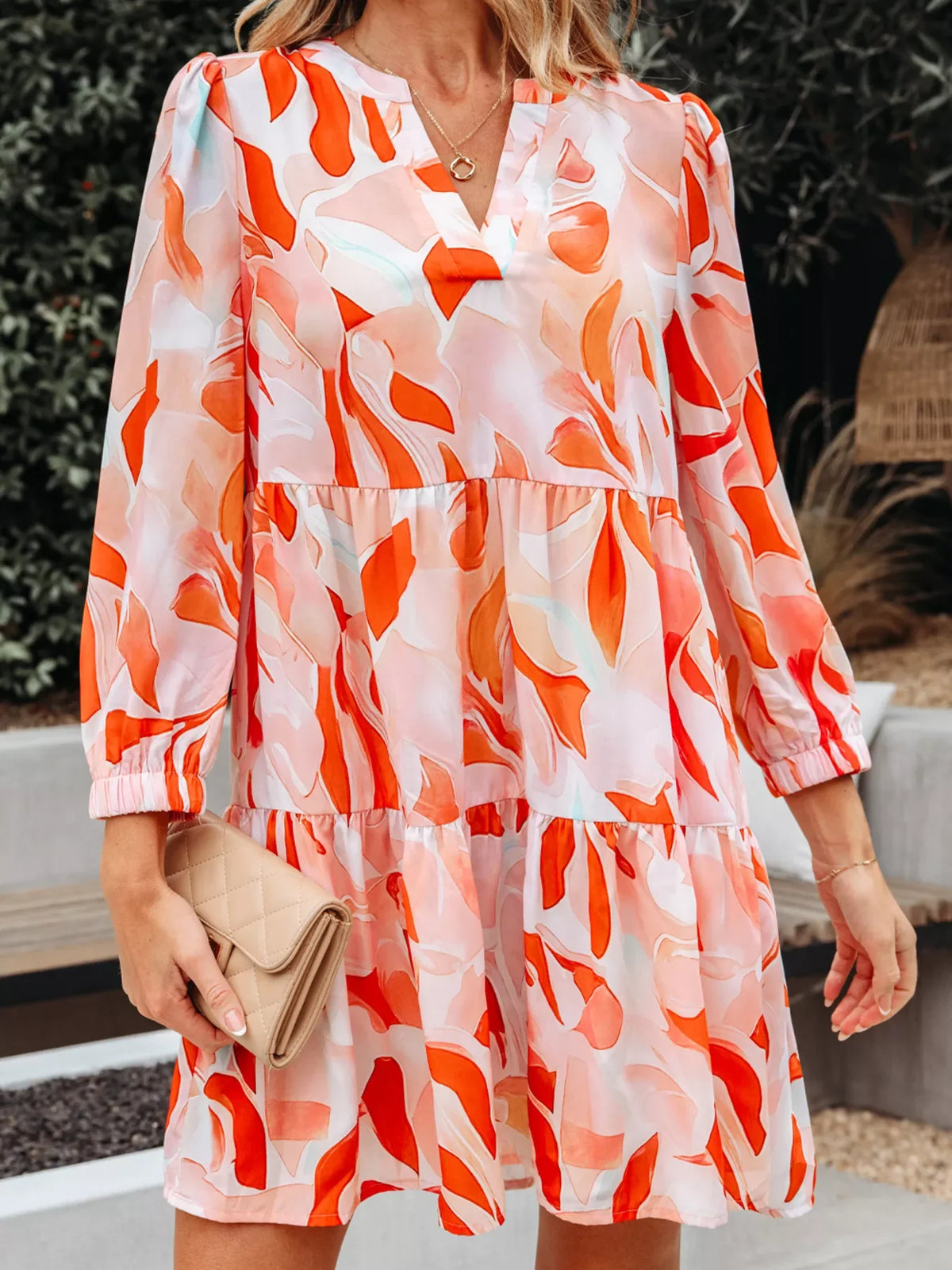 Abstract Print Long Sleeve Tiered Mini Dress